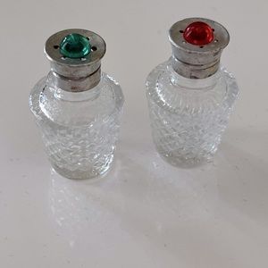 Antique Salt & pepper shakers crystal and silver green and red glass 2 x 1” set